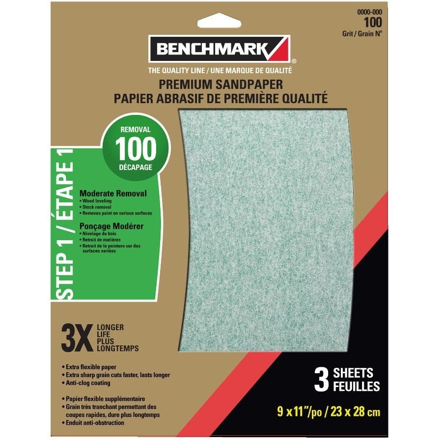 Paquet de 3 feuilles abrasives en oxyde d'aluminium de 100 grain, 9 po x 11 po