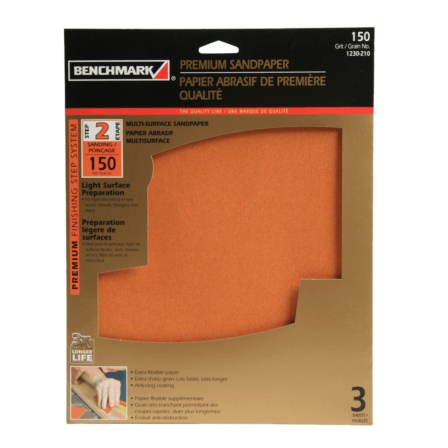 Paquet de 3 feuilles abrasives en oxyde d'aluminium de grain 150, 9 po x 11 po