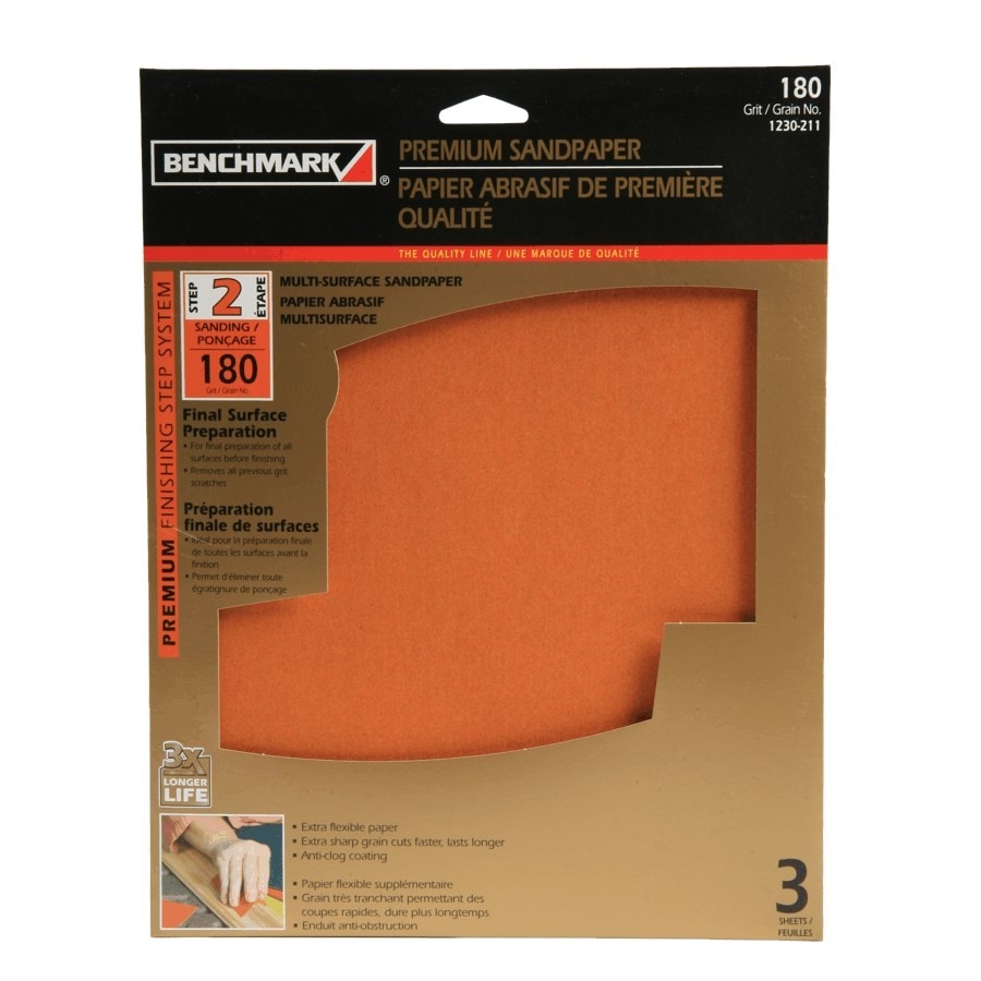 Paquet de 3 feuilles abrasives en oxyde d'aluminium de grain 180, 9 po x 11 po