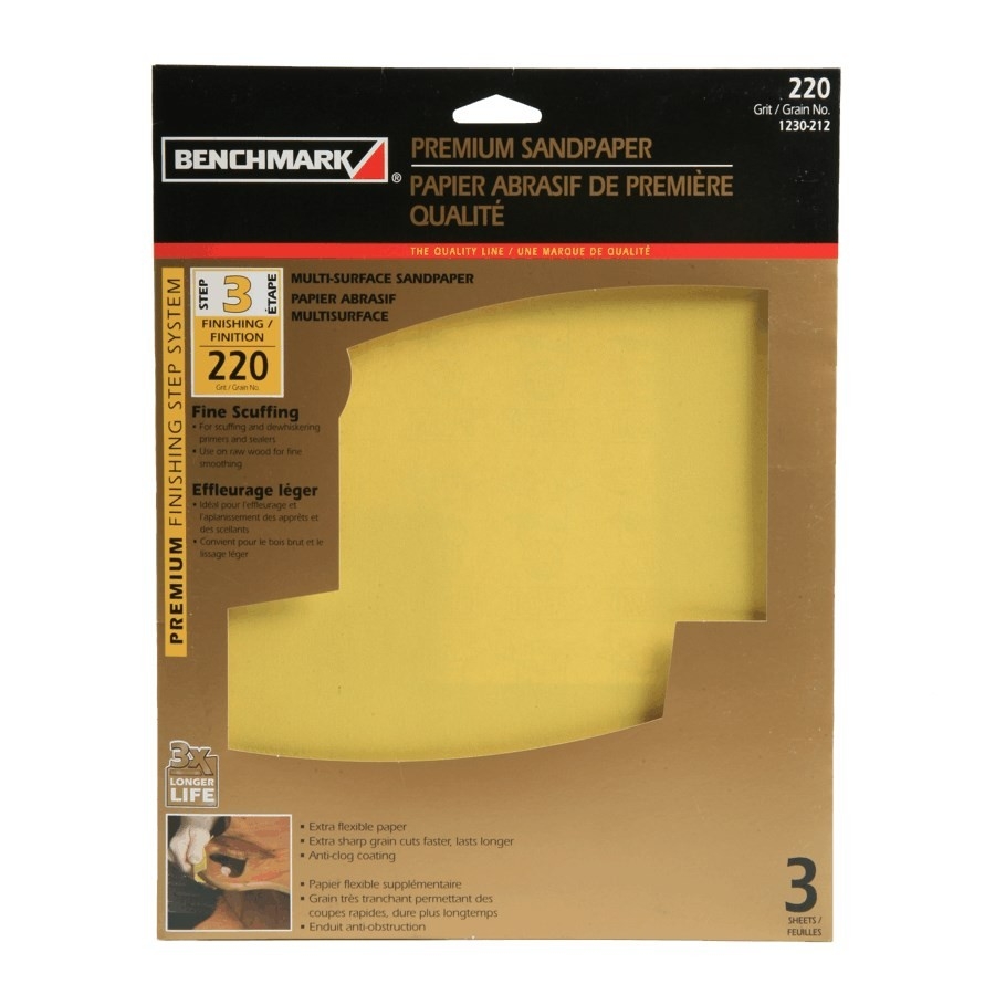 Paquet de 3 feuilles abrasives d'oxyde d'aluminium de grain 220, 9 po x 11 po