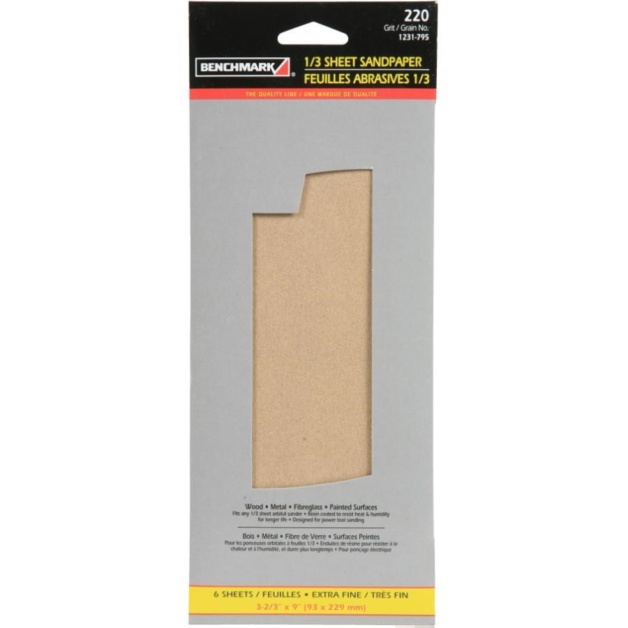 Paquet de 6 x 1/3 feuille abrasive d'oxyde d'aluminium de grain 220, 9 po x 11 po