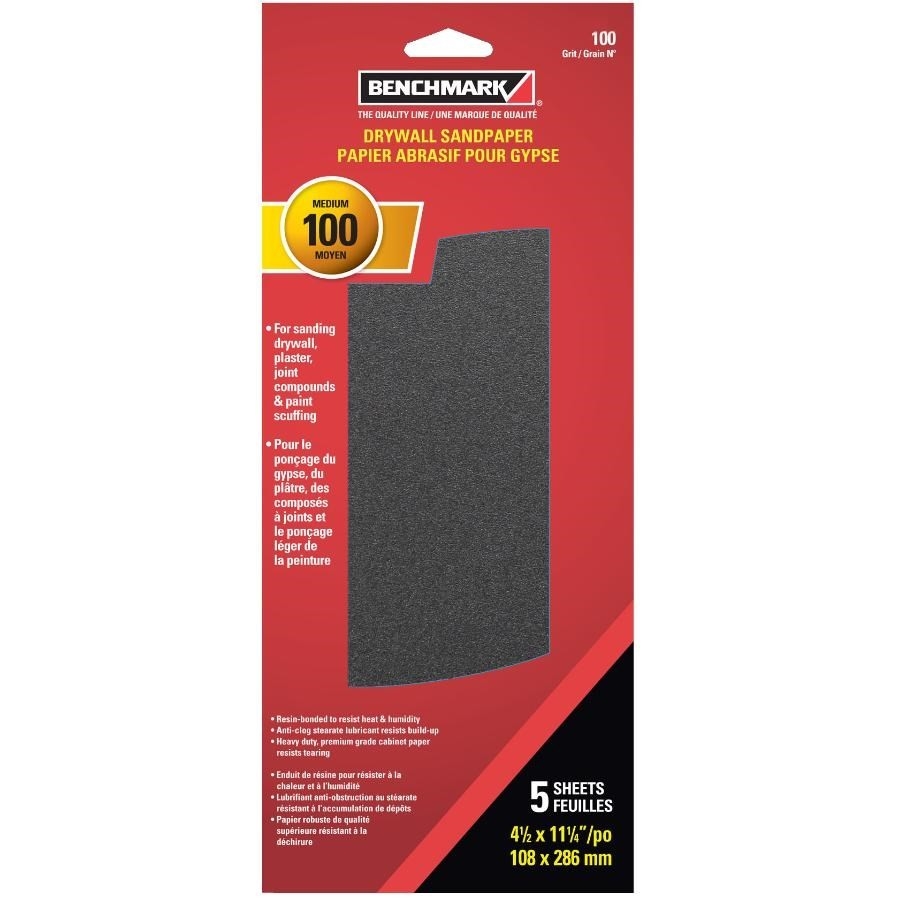 Paquet de 5 feuilles abrasives de 4-1/4 po x 11-1/4 po de grain 100 pour gypse