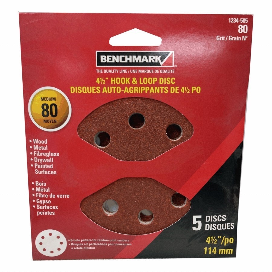 Paquet de 5 disques de ponçage autoagrippants de 4,5 po en oxyde d'aluminium de grain 80, 8 trous