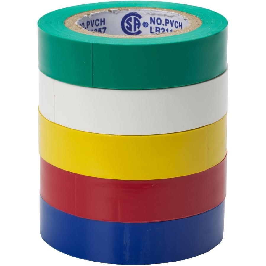 Paquet de 5 rubans électriques de couleurs variées en PVC de 1/2" x 20' x 7 mil