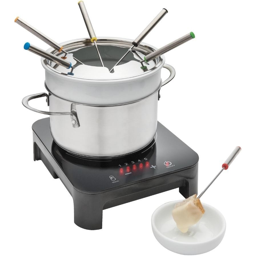 Caquelon à fondue à induction en céramique noire et acier inoxydable, 10 pièces Caquelon à fondue à induction en céramique noire et acier inoxydable, 10 pièces