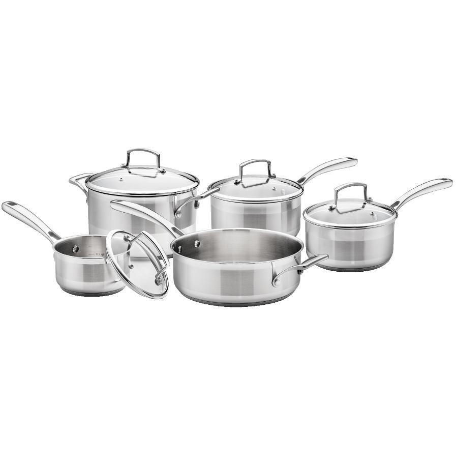 Batterie de cuisine de 9 morceaux en acier inoxydable, avec couvercle en verre