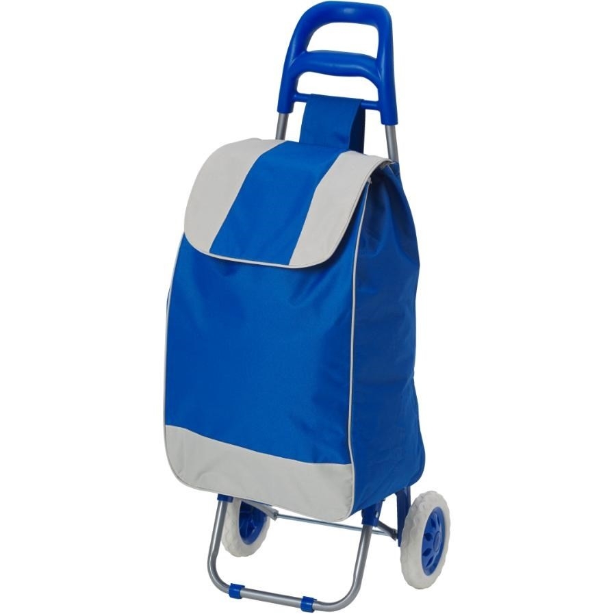 Chariot de magasinage pliant bleu et gris, avec sac