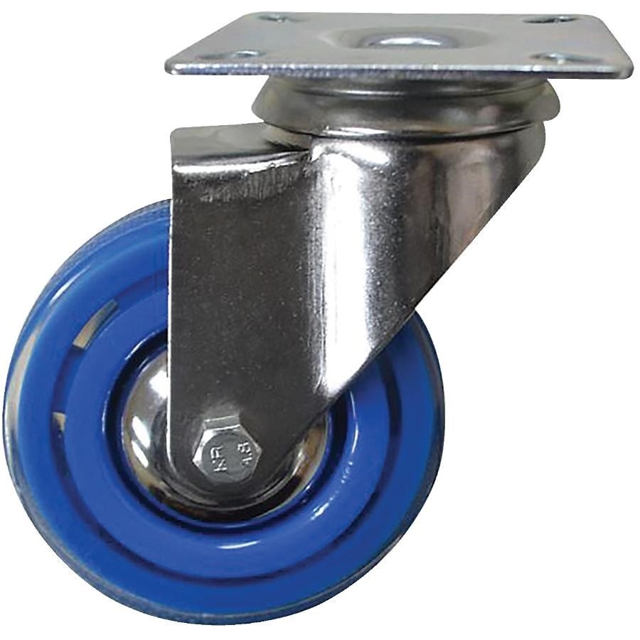 Roulette pivotante de 3 po en polyuréthane bleu ciel sur plaque