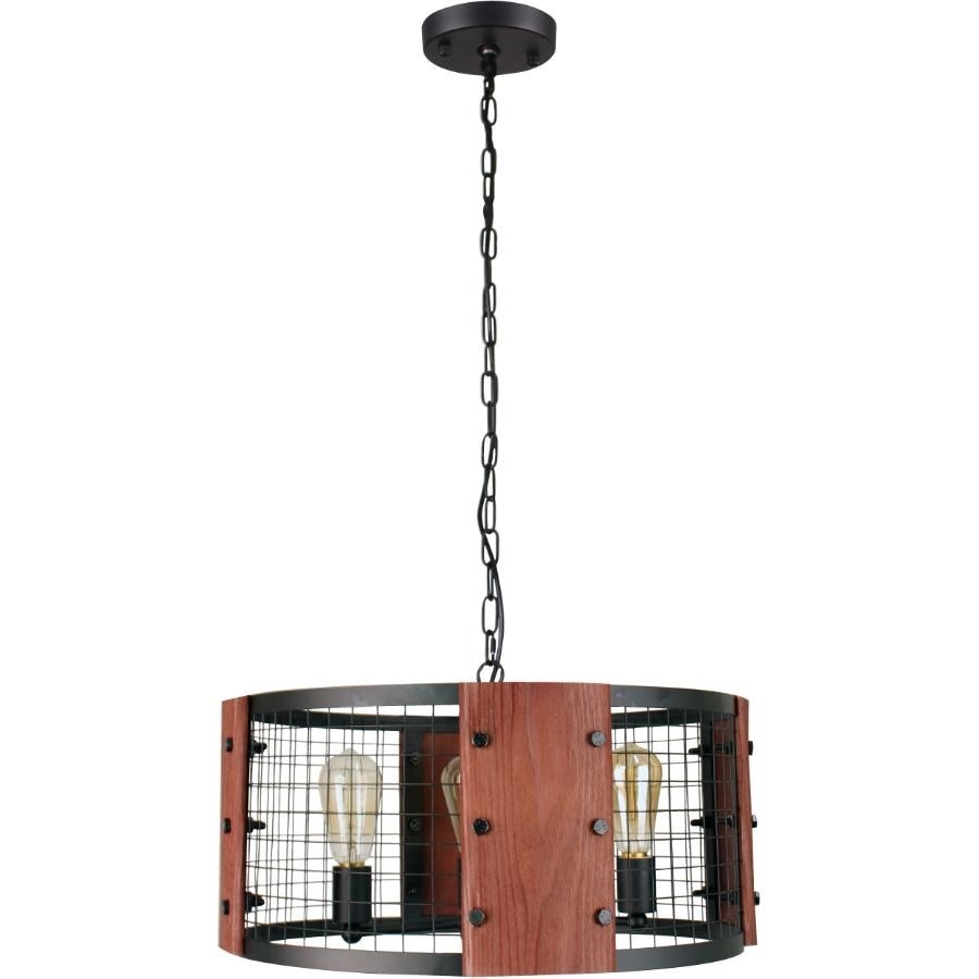 Luminaire suspendu à 4 lampes de la collection Camille, métal noir et bois brun