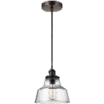 Luminaire suspendu à 1 lampe de la collection Baskin, laiton vieilli peint et zinc foncé altéré, verre transparent en forme de cheminée
