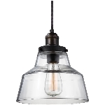 Luminaire suspendu à 1 lampe de la collection Baskin, laiton vieilli peint et zinc foncé altéré, verre transparent en forme de cheminée