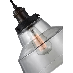 Luminaire suspendu à 1 lampe de la collection Baskin, laiton vieilli peint et zinc foncé altéré, verre transparent en forme de cheminée